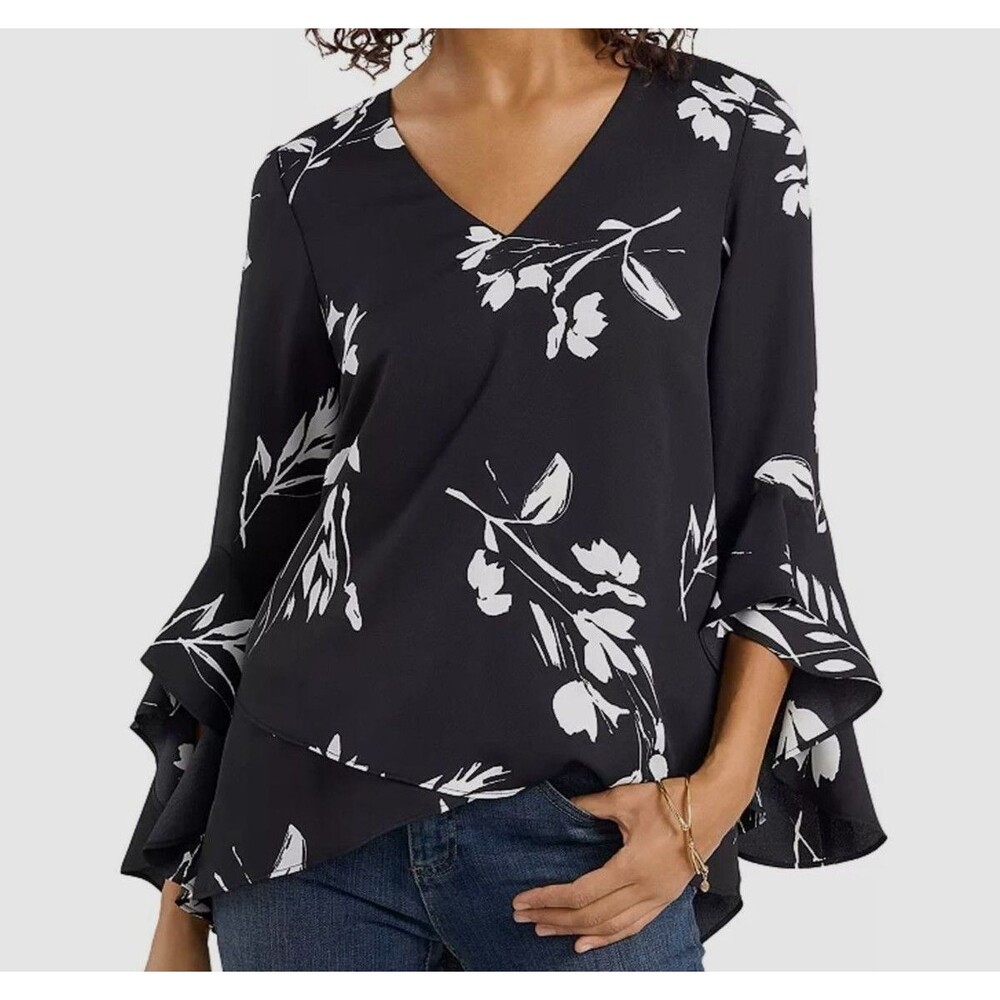 Vince Camuto Women XS Black White Floral Blouse 3/4 Flutter Sleeve V-Neck NWT